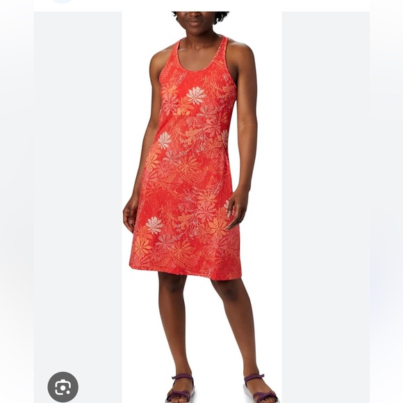 Columbia Dresses & Skirts - Columbia Orange Floral Omni Shade Peak To Point Knit Stretchy Dress NWOT S/P